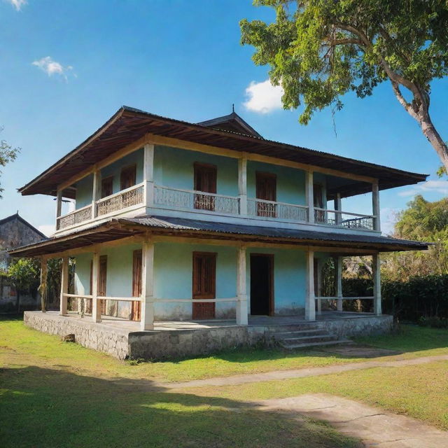 A visual depiction of Jose Rizal's ancestral house in Calamba, showcasing its characteristic Bahay na Bato architecture with sprawling yard, set underneath the clear blue skies of the Philippines.