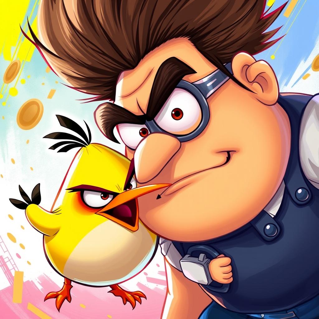 A vibrant and detailed illustration featuring the yellow Angry Bird alongside Gru from Despicable Me