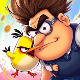 A vibrant and detailed illustration featuring the yellow Angry Bird alongside Gru from Despicable Me