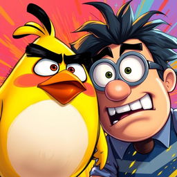 A vibrant and detailed illustration featuring the yellow Angry Bird alongside Gru from Despicable Me