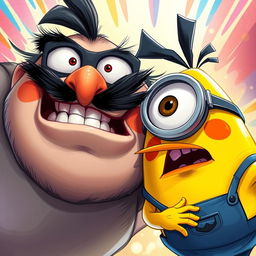 A vibrant and detailed illustration featuring the yellow Angry Bird alongside Gru from Despicable Me
