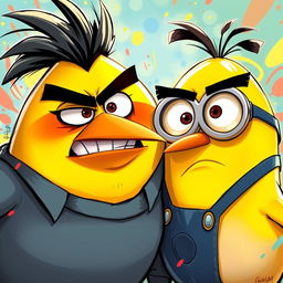 A vibrant and detailed illustration featuring the yellow Angry Bird alongside Gru from Despicable Me