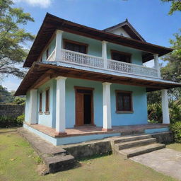 A visual depiction of Jose Rizal's ancestral house in Calamba, showcasing its characteristic Bahay na Bato architecture with sprawling yard, set underneath the clear blue skies of the Philippines.