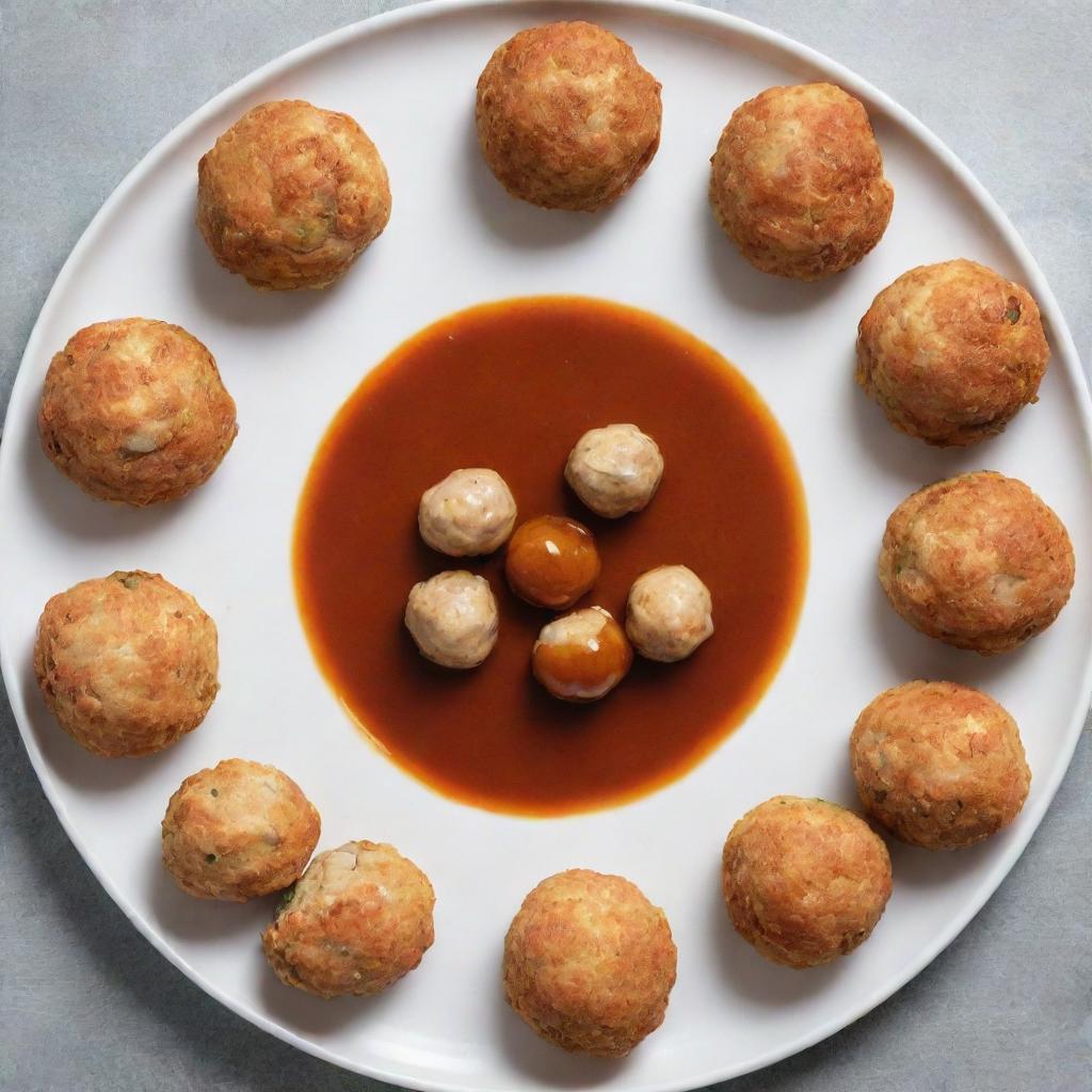 Chicken balls artfully arranged in a circle on a plate with a thin line of sauce in the center.