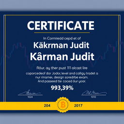 Create a certificate confirming that Kármán Judit has completed the Forex 101 basic level and passed the exam with a score of 93