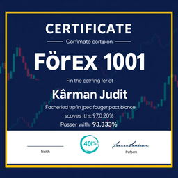 Create a certificate confirming that Kármán Judit has completed the Forex 101 basic level and passed the exam with a score of 93