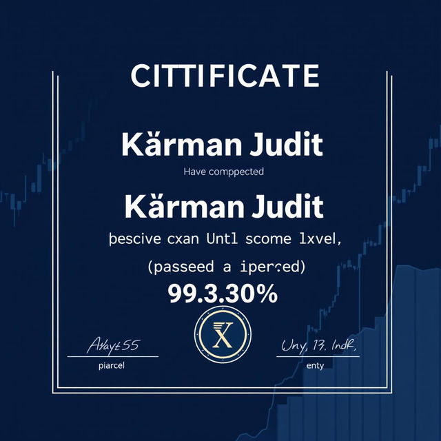 Create a certificate confirming that Kármán Judit has completed the Forex 101 basic level and passed the exam with a score of 93