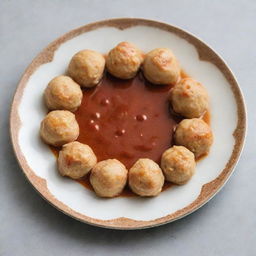 Chicken balls artfully arranged in a circle on a plate with a thin line of sauce in the center.