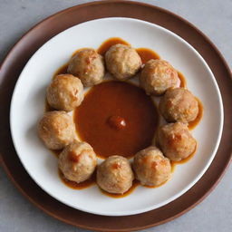 Chicken balls artfully arranged in a circle on a plate with a thin line of sauce in the center.