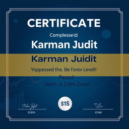 Create a certificate confirming that Karman Judit has completed the Forex basic level and passed the exam with a score of 93