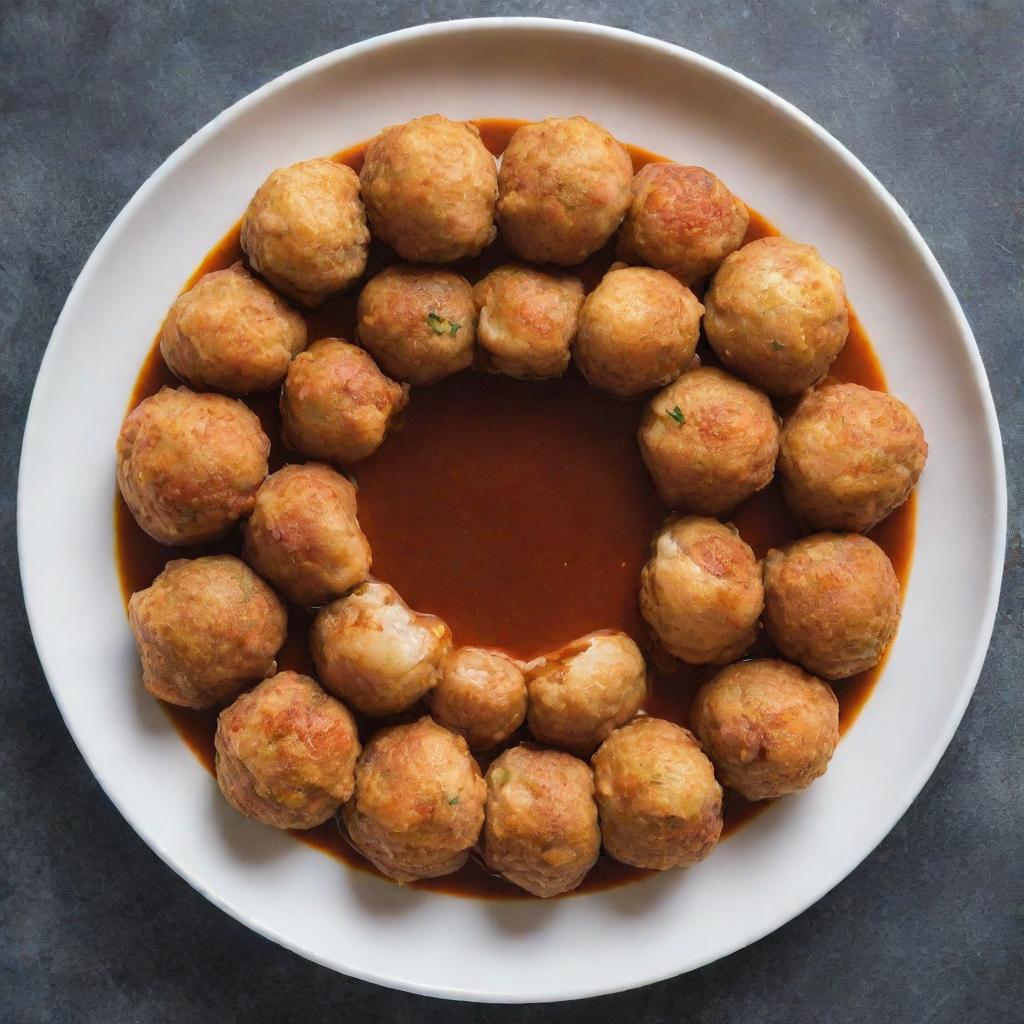 Chicken balls artfully arranged in a circle on a plate with a thin line of sauce in the center.