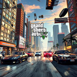 A dynamic and immersive scene inspired by Grand Theft Auto V, featuring a bustling cityscape with high-rise buildings, fast cars, and detailed characters engaged in various activities