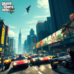 A dynamic and immersive scene inspired by Grand Theft Auto V, featuring a bustling cityscape with high-rise buildings, fast cars, and detailed characters engaged in various activities