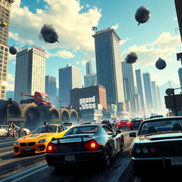 A dynamic and immersive scene inspired by Grand Theft Auto V, featuring a bustling cityscape with high-rise buildings, fast cars, and detailed characters engaged in various activities