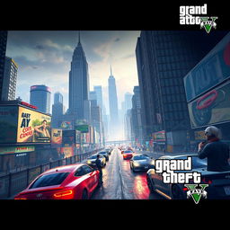 A dynamic and immersive scene inspired by Grand Theft Auto V, featuring a bustling cityscape with high-rise buildings, fast cars, and detailed characters engaged in various activities