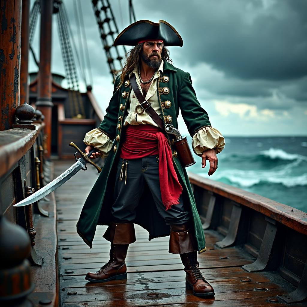 A fierce pirate stands on a weathered ship's deck, dressed in traditional swashbuckler attire, holding a cutlass and flintlock pistol, with a stormy sea and dark clouds in the background