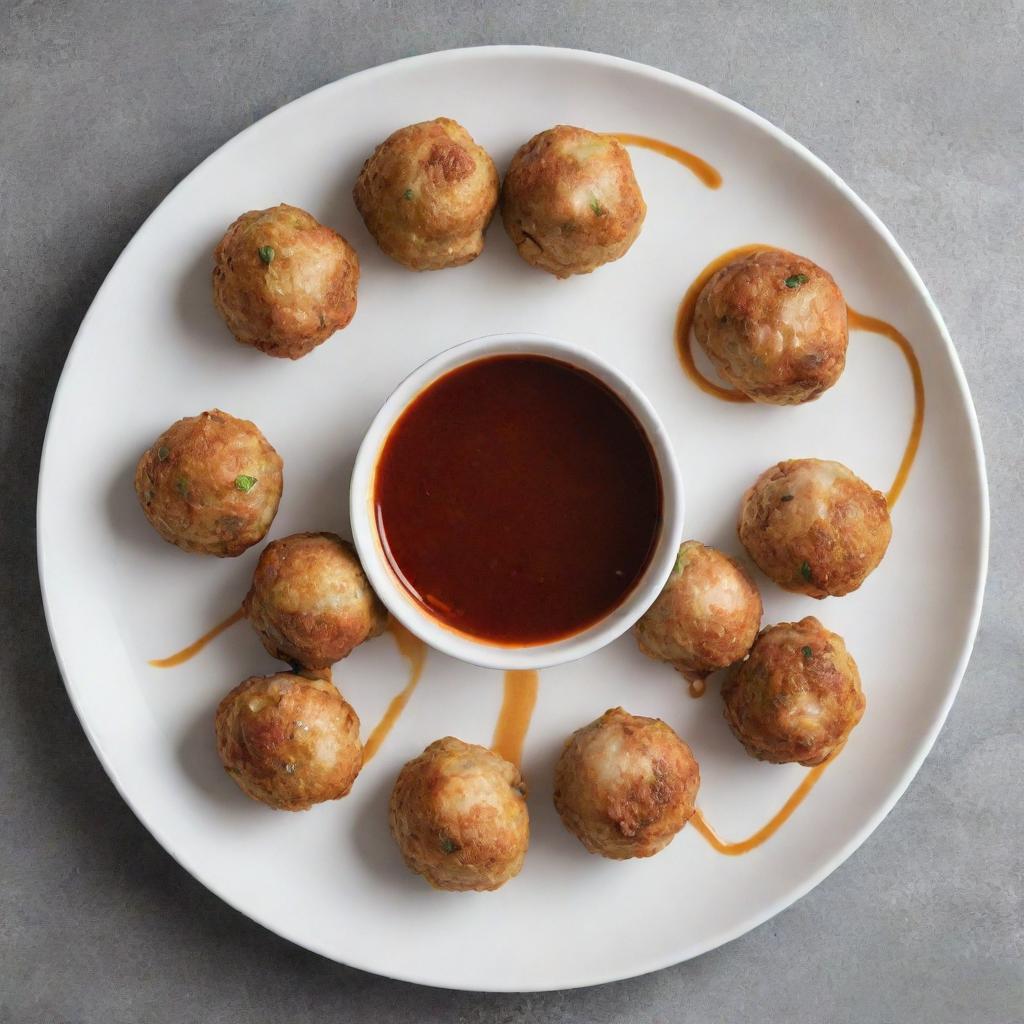 Chicken balls artfully arranged in a circle on a plate with a thin line of sauce in the center.