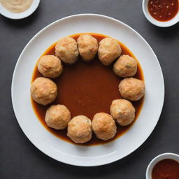 Chicken balls artfully arranged in a circle on a plate with a thin line of sauce in the center.