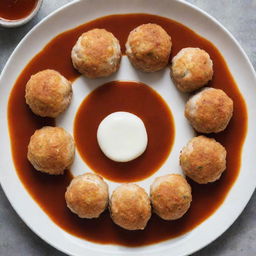 Chicken balls artfully arranged in a circle on a plate with a thin line of sauce in the center.