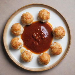 Chicken balls artfully arranged in a circle on a plate with a thin line of sauce in the center.