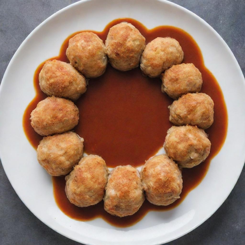 Chicken balls artfully arranged in a circle on a plate with a thin line of sauce in the center.