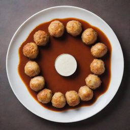 Chicken balls artfully arranged in a circle on a plate with a thin line of sauce in the center.