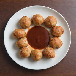 Chicken balls artfully arranged in a circle on a plate with a thin line of sauce in the center.