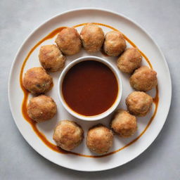 Chicken balls artfully arranged in a circle on a plate with a thin line of sauce in the center.