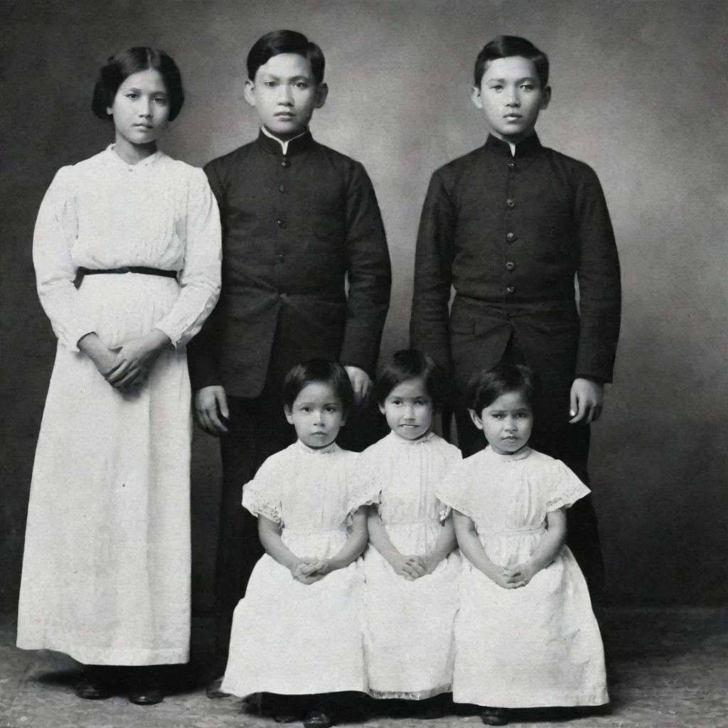 A nostalgic group photo of a young Jose Rizal with his brothers and sisters, highlighting the innocence of their childhood days, and the strong bond they share as siblings.