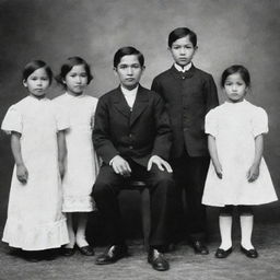 A nostalgic group photo of a young Jose Rizal with his brothers and sisters, highlighting the innocence of their childhood days, and the strong bond they share as siblings.