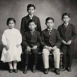 A nostalgic group photo of a young Jose Rizal with his brothers and sisters, highlighting the innocence of their childhood days, and the strong bond they share as siblings.