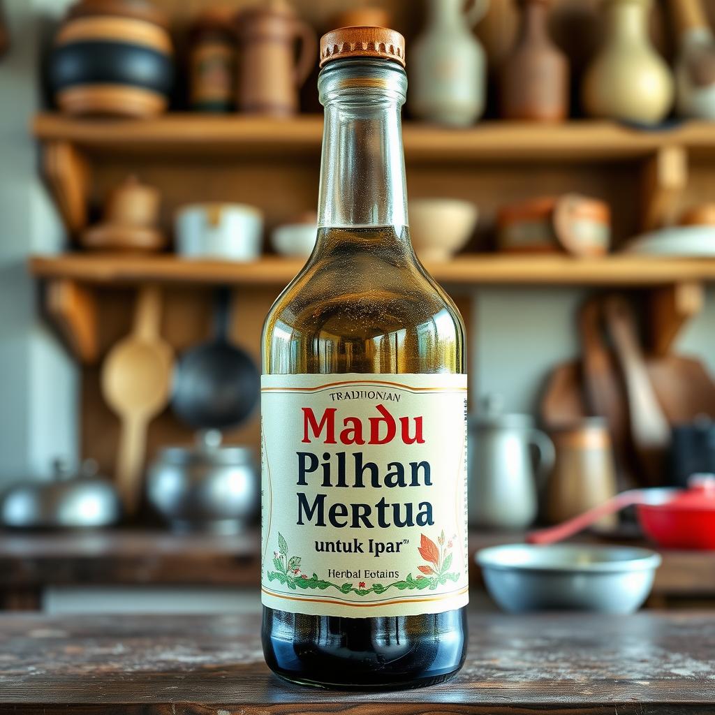 Create an image featuring a traditional Indonesian herbal medicine bottle labeled 'Madu Pilihan Mertua untuk Ipar'