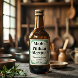 Create an image featuring a traditional Indonesian herbal medicine bottle labeled 'Madu Pilihan Mertua untuk Ipar'