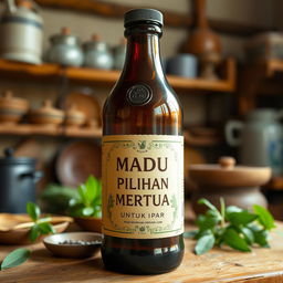 Create an image featuring a traditional Indonesian herbal medicine bottle labeled 'Madu Pilihan Mertua untuk Ipar'