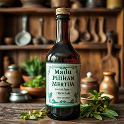 Create an image featuring a traditional Indonesian herbal medicine bottle labeled 'Madu Pilihan Mertua untuk Ipar'