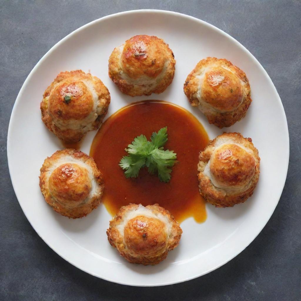 Chicken balls artfully arranged in a circular pattern on a plate, with a decorative presentation of sauce in the center.