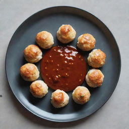 Chicken balls artfully arranged in a circular pattern on a plate, with a decorative presentation of sauce in the center.