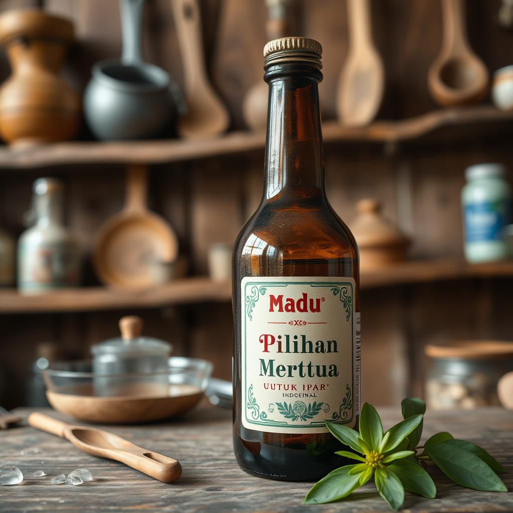 Create an image featuring a traditional Indonesian herbal medicine bottle labeled 'Madu Pilihan Mertua untuk Ipar'
