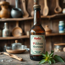 Create an image featuring a traditional Indonesian herbal medicine bottle labeled 'Madu Pilihan Mertua untuk Ipar'