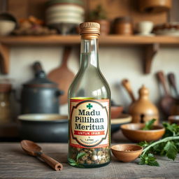 Create an image featuring a traditional Indonesian herbal medicine bottle labeled 'Madu Pilihan Mertua untuk Ipar'
