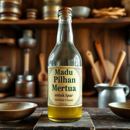 Create an image featuring a traditional Indonesian herbal medicine bottle labeled 'Madu Pilihan Mertua untuk Ipar'