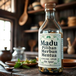 Create an image featuring a traditional Indonesian herbal medicine bottle labeled 'Madu Pilihan Mertua untuk Ipar'