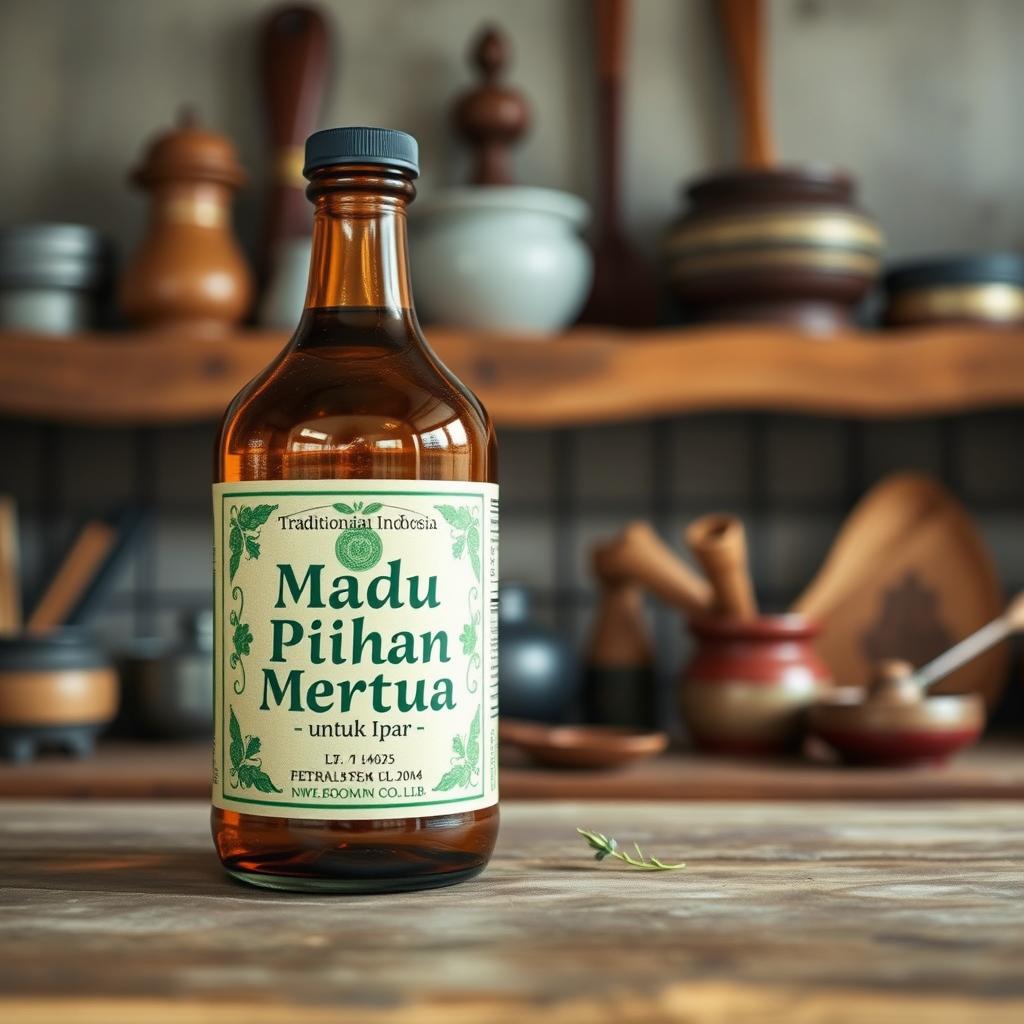 Create an image featuring a traditional Indonesian herbal medicine bottle labeled 'Madu Pilihan Mertua untuk Ipar'