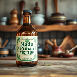 Create an image featuring a traditional Indonesian herbal medicine bottle labeled 'Madu Pilihan Mertua untuk Ipar'