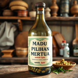 Create an image featuring a traditional Indonesian herbal medicine bottle labeled 'Madu Pilihan Mertua untuk Ipar'