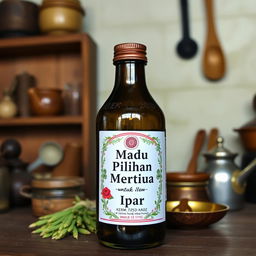 Create an image featuring a traditional Indonesian herbal medicine bottle labeled 'Madu Pilihan Mertua untuk Ipar'