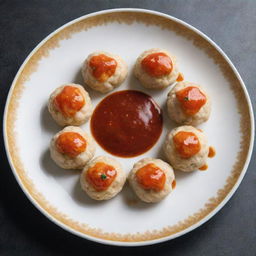 Chicken balls artfully arranged in a circular pattern on a plate, with a decorative presentation of sauce in the center.