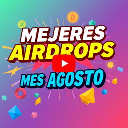 A vibrant and attention-grabbing YouTube thumbnail showcasing 'Mejores Airdrops Mes Agosto' in bold, dynamic text