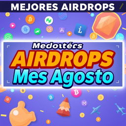 A vibrant and attention-grabbing YouTube thumbnail showcasing 'Mejores Airdrops Mes Agosto' in bold, dynamic text