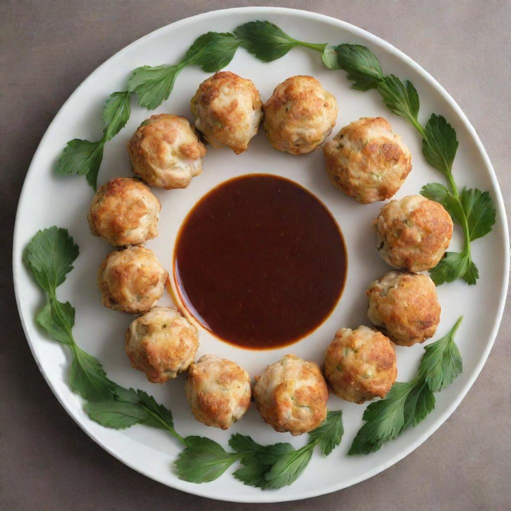 Chicken balls artfully arranged in a circular pattern on a plate, with a decorative presentation of sauce in the center.